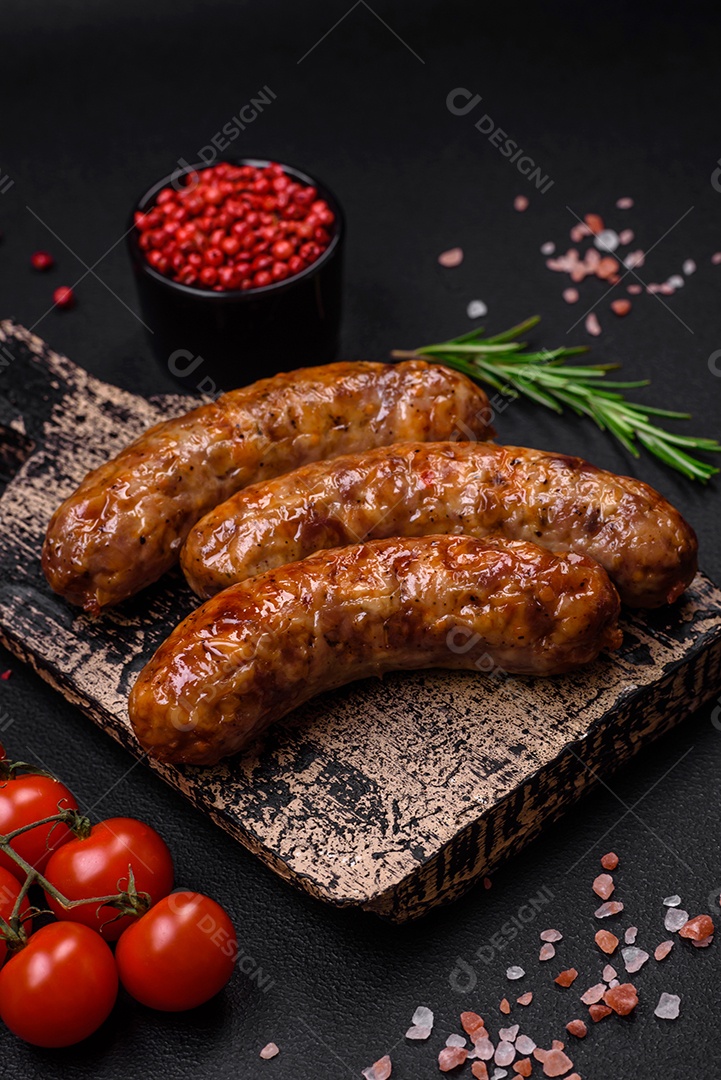 Deliciosas salsichas grelhadas fritas com sal, especiarias e ervas sobre um fundo escuro de concreto
