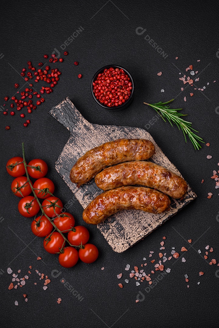 Deliciosas salsichas grelhadas fritas com sal, especiarias e ervas sobre um fundo escuro de concreto
