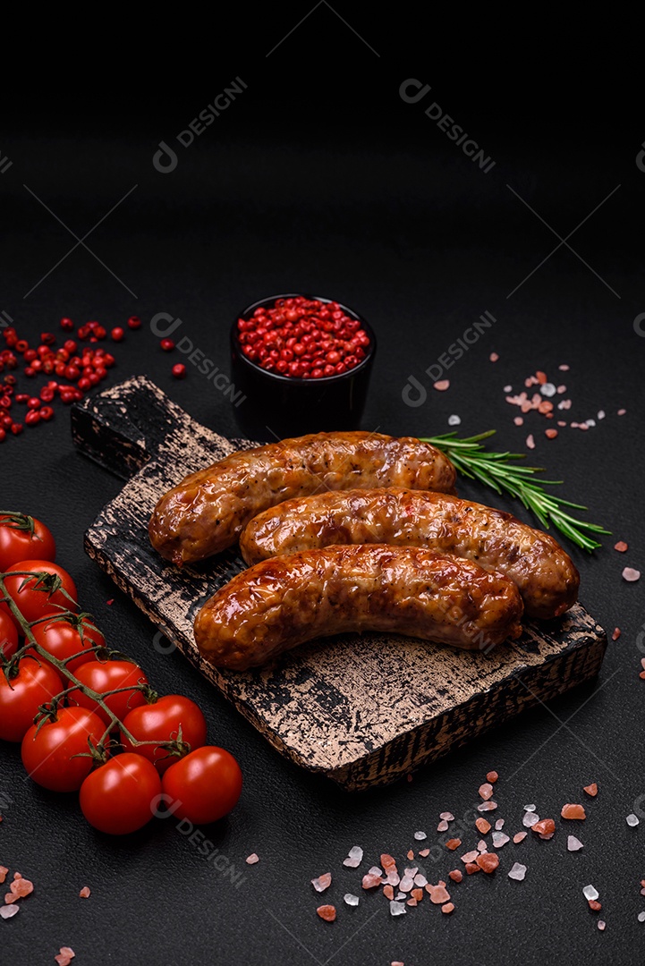 Deliciosas salsichas grelhadas fritas com sal, especiarias e ervas sobre um fundo escuro de concreto