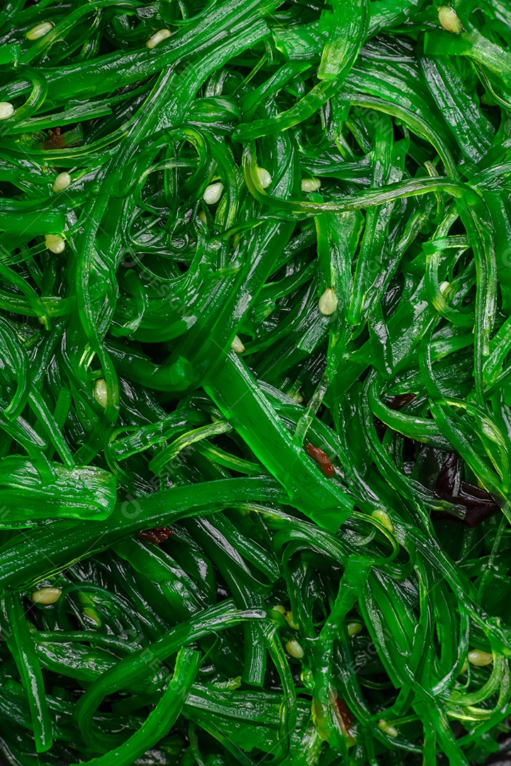 Deliciosa salada de frutos do mar hiashi wakume vegetariana saudável com sementes de gergelim em um fundo escuro de concreto