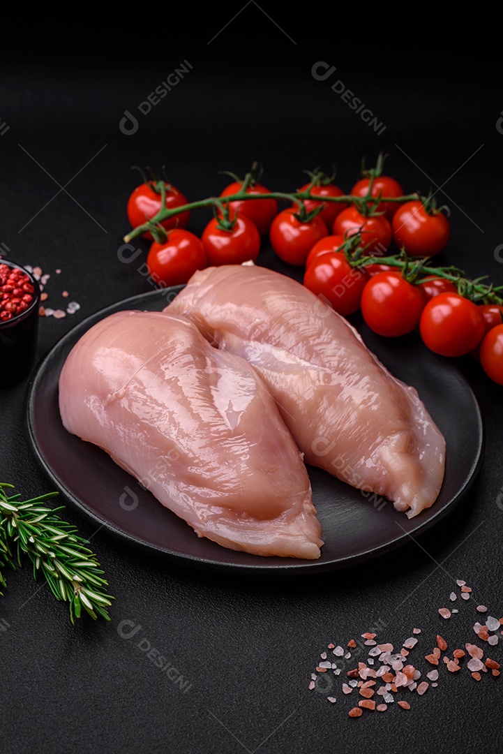 Pedaços de frango cru ou filé de peru com sal, especiarias e ervas sobre um fundo escuro de concreto