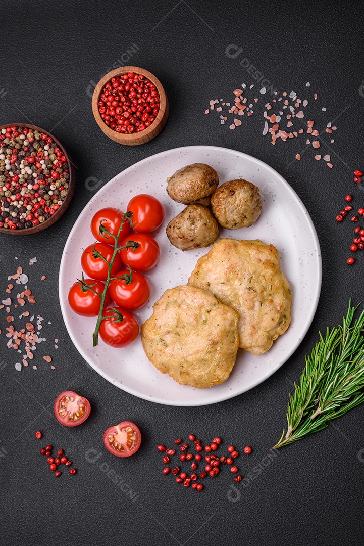 Deliciosas panquecas de filé picado frito com especiarias, sal e ervas sobre um fundo escuro de concreto
