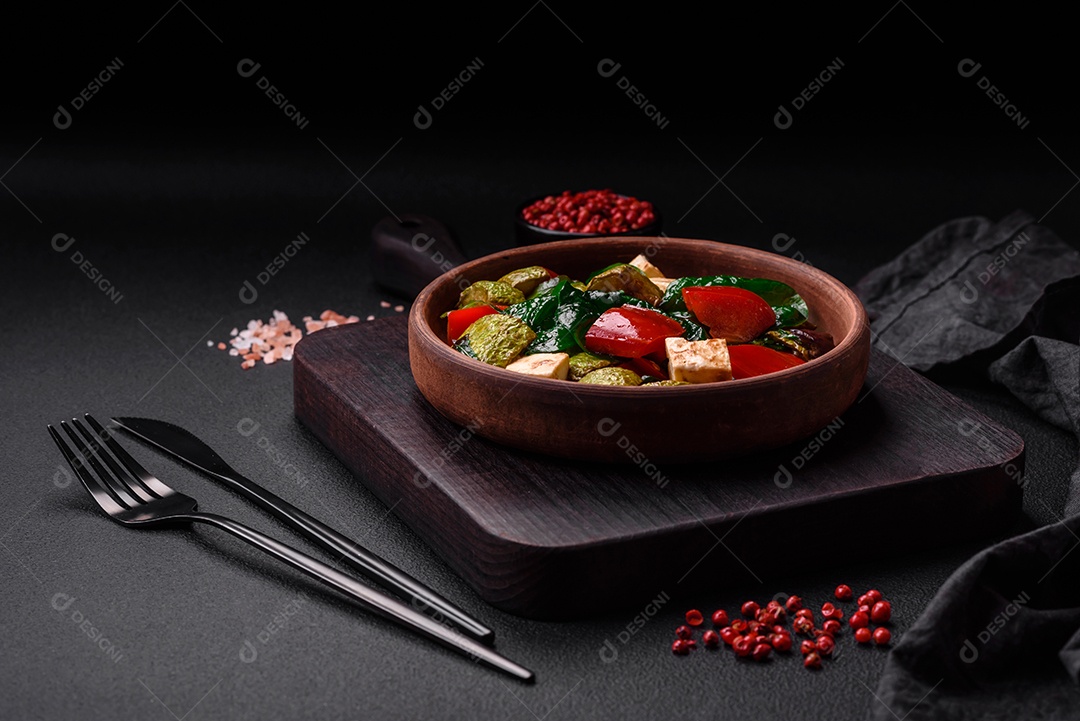 Deliciosa salada fresca de abobrinha, queijo, pimentão, espinafre com especiarias e ervas em um prato de cerâmica sobre um fundo escuro de concreto