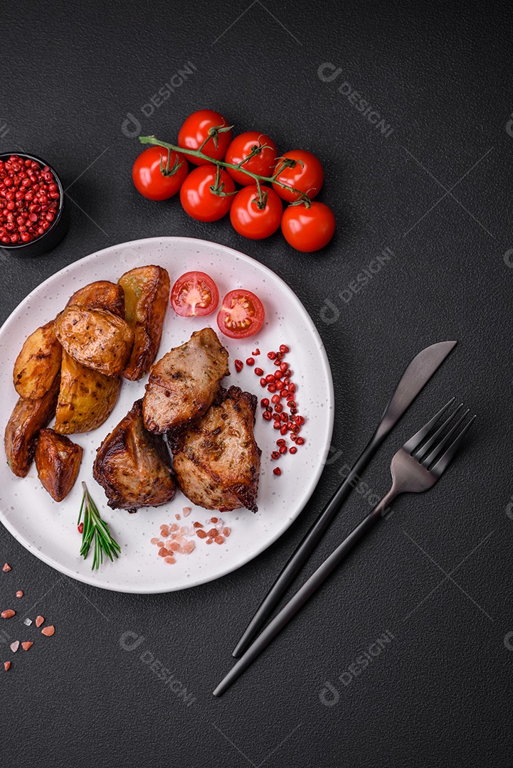 Deliciosas fatias de batata grelhada com alho, especiarias e ervas sobre um fundo escuro de concreto