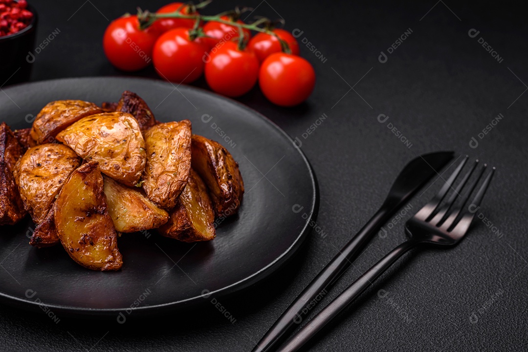 Deliciosas fatias de batata grelhada com alho, especiarias e ervas sobre um fundo escuro de concreto