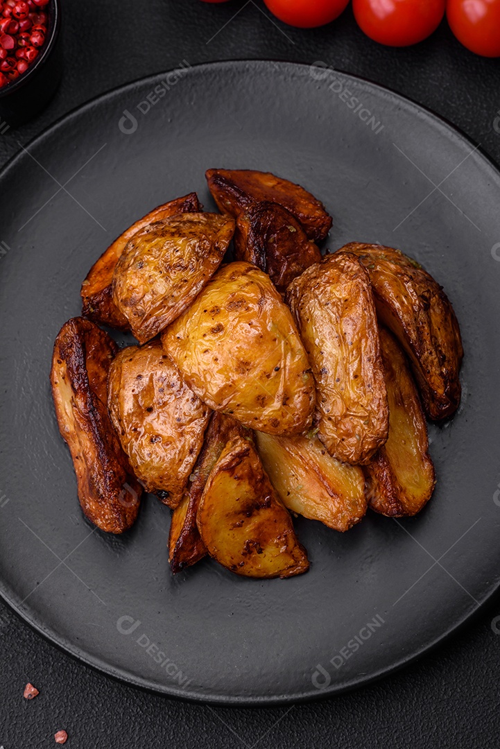 Deliciosas fatias de batata grelhada com alho, especiarias e ervas sobre um fundo escuro de concreto