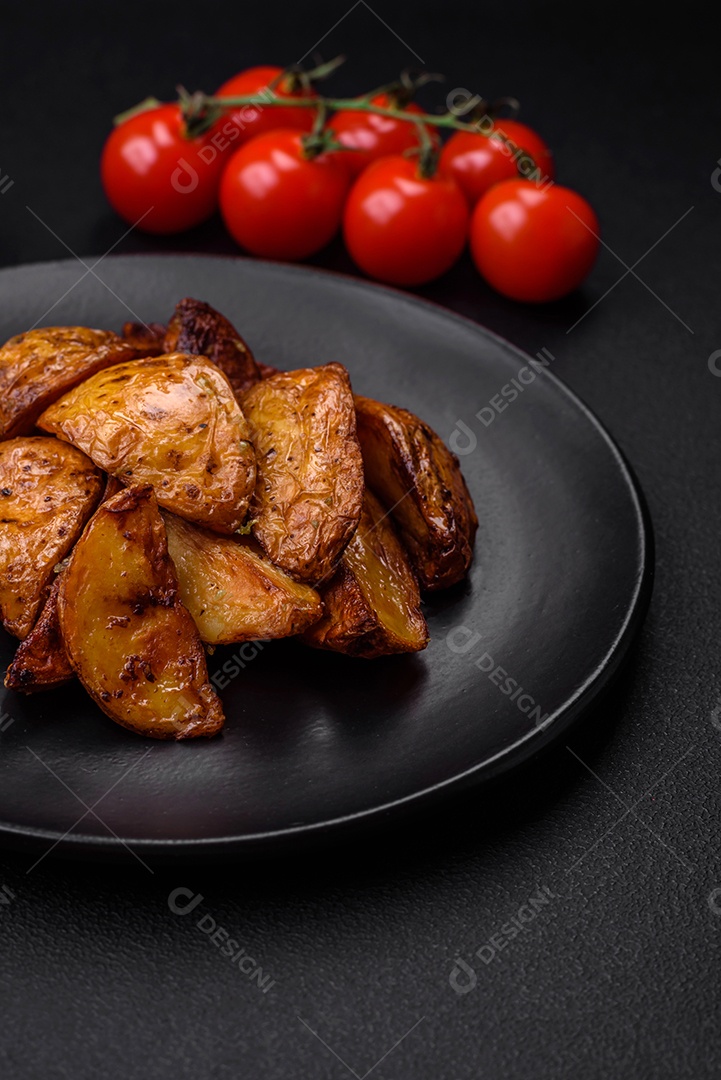 Deliciosas fatias de batata grelhada com alho, especiarias e ervas sobre um fundo escuro de concreto