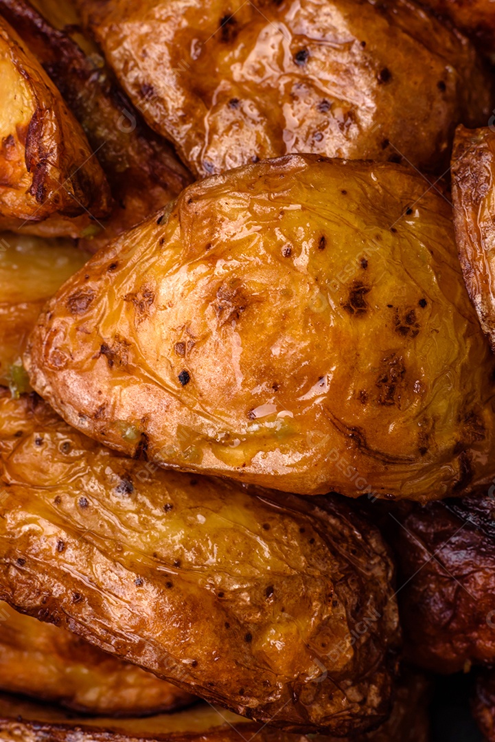 Deliciosas fatias de batata grelhada com alho, especiarias e ervas sobre um fundo escuro de concreto