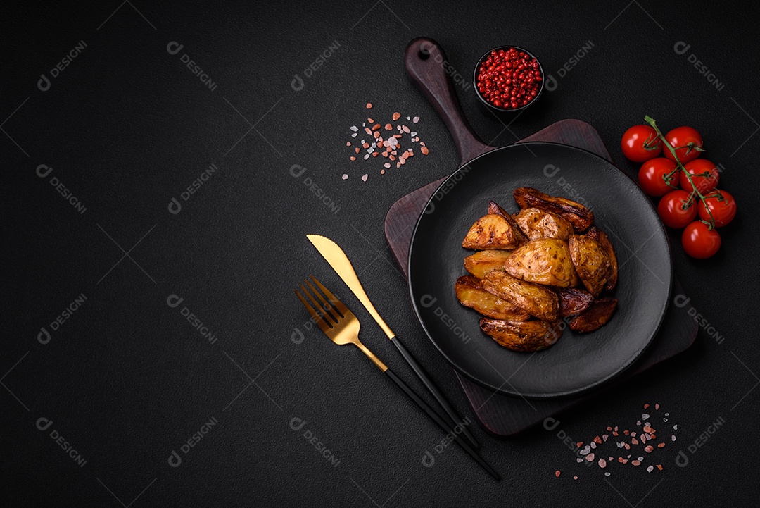 Deliciosas fatias de batata grelhada com alho, especiarias e ervas sobre um fundo escuro de concreto