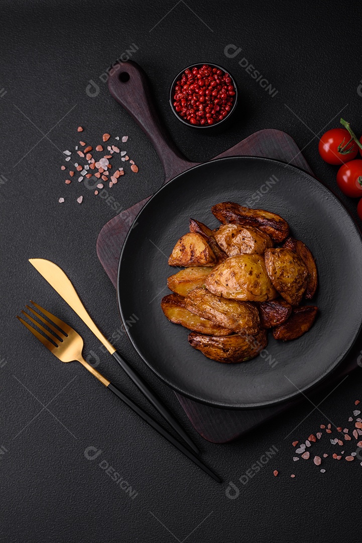 Deliciosas fatias de batata grelhada com alho, especiarias e ervas sobre um fundo escuro de concreto