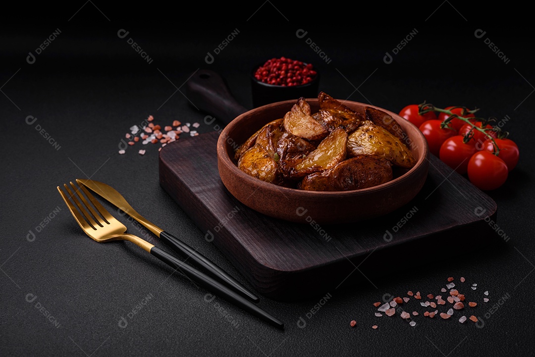 Deliciosas fatias de batata grelhada com alho, especiarias e ervas sobre um fundo escuro de concreto