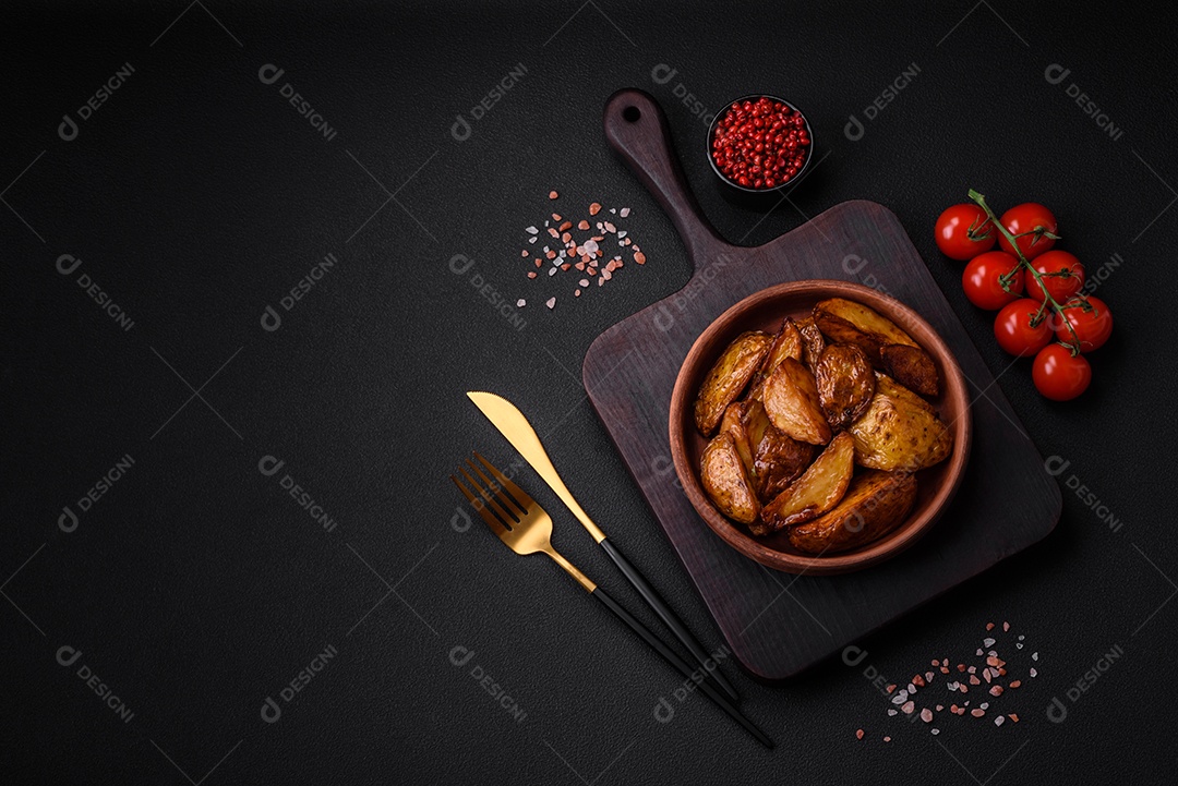 Deliciosas fatias de batata grelhada com alho, especiarias e ervas sobre um fundo escuro de concreto