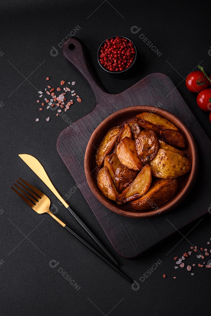 Deliciosas fatias de batata grelhada com alho, especiarias e ervas sobre um fundo escuro de concreto