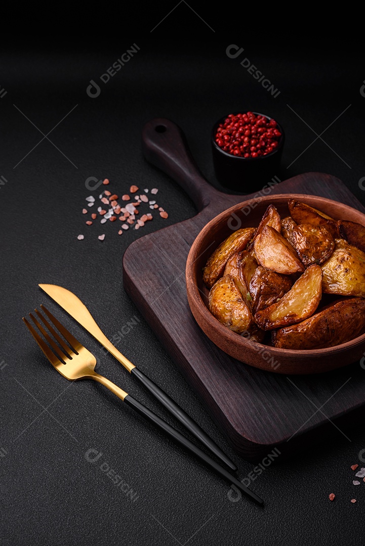 Deliciosas fatias de batata grelhada com alho, especiarias e ervas sobre um fundo escuro de concreto