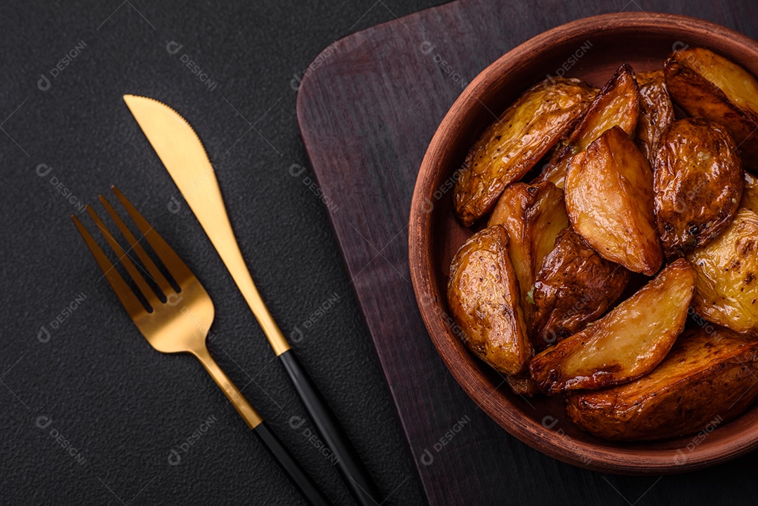 Deliciosas fatias de batata grelhada com alho, especiarias e ervas sobre um fundo escuro de concreto