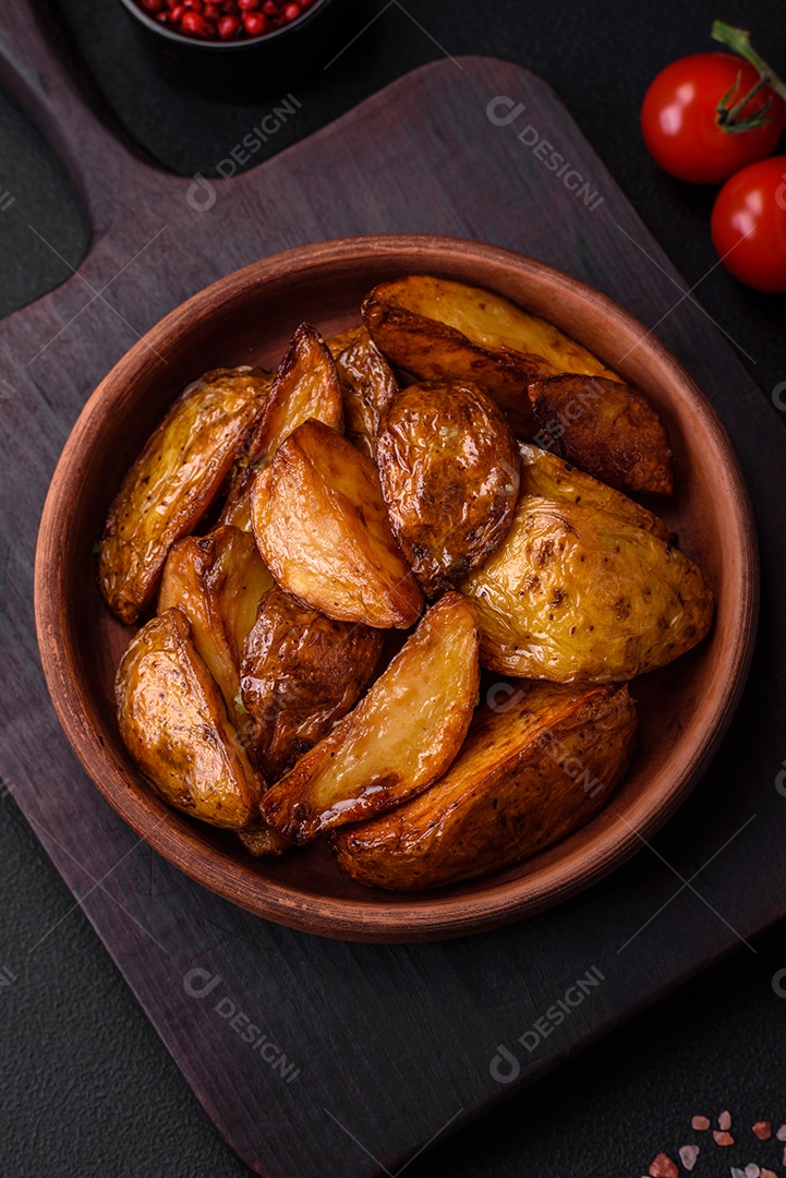 Deliciosas fatias de batata grelhada com alho, especiarias e ervas sobre um fundo escuro de concreto