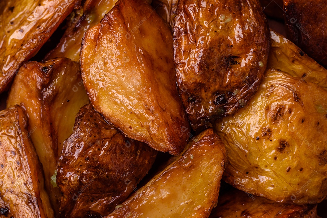 Deliciosas fatias de batata grelhada com alho, especiarias e ervas sobre um fundo escuro de concreto