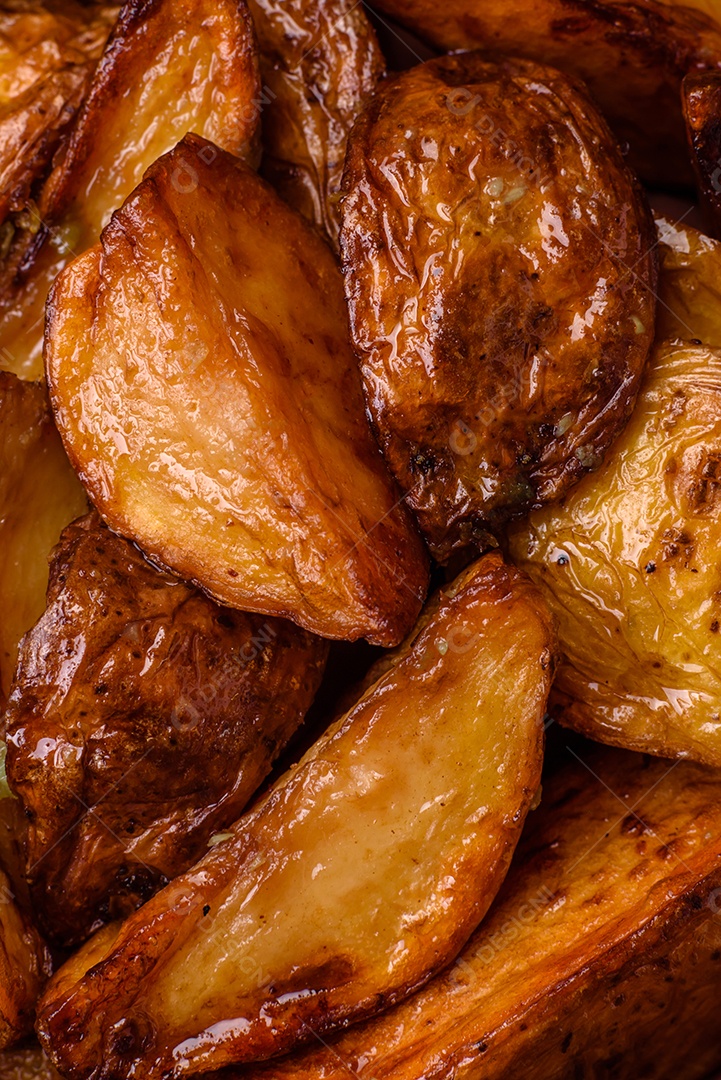 Deliciosas fatias de batata grelhada com alho, especiarias e ervas sobre um fundo escuro de concreto