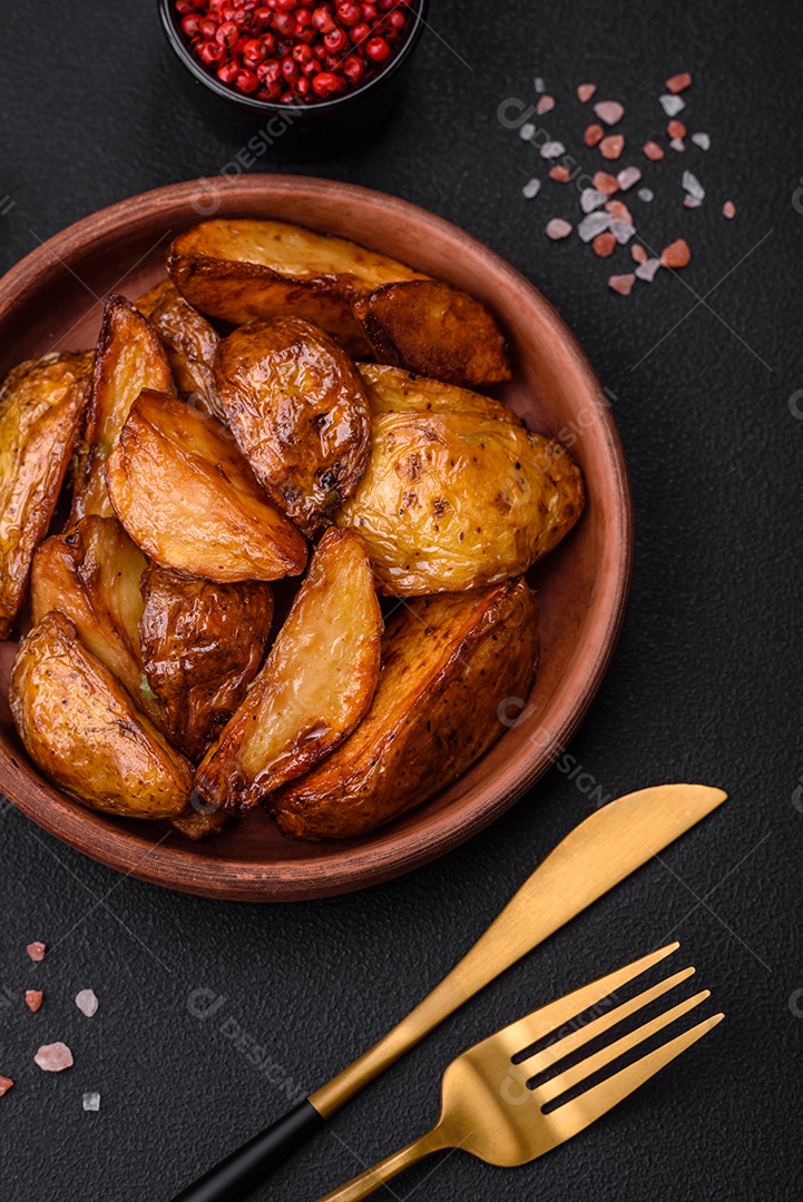 Deliciosas fatias de batata grelhada com alho, especiarias e ervas sobre um fundo escuro de concreto