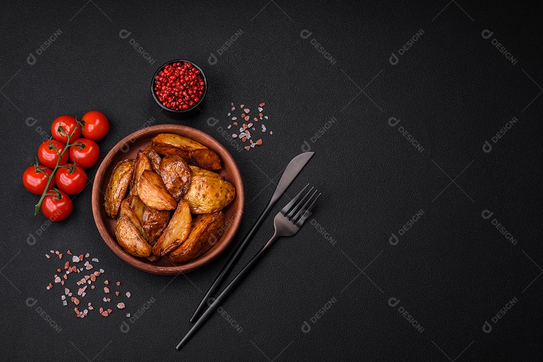 Deliciosas fatias de batata grelhada com alho, especiarias e ervas sobre um fundo escuro de concreto