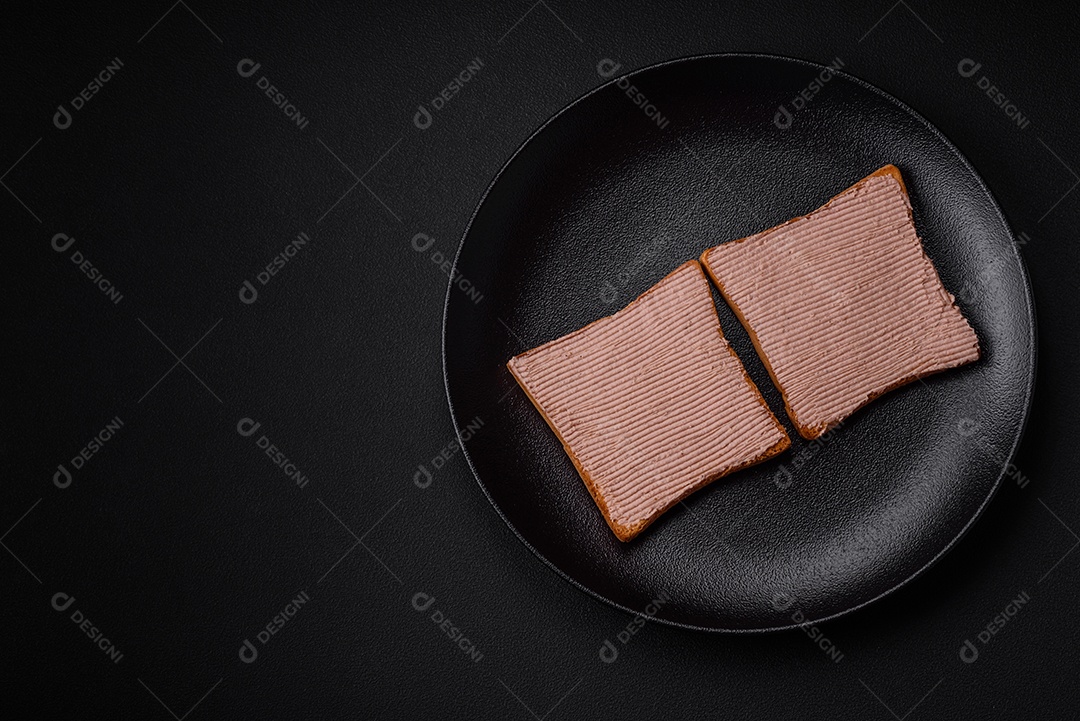 Deliciosa torrada crocante com frango ou patê de ganso com sal e especiarias sobre um fundo escuro de concreto