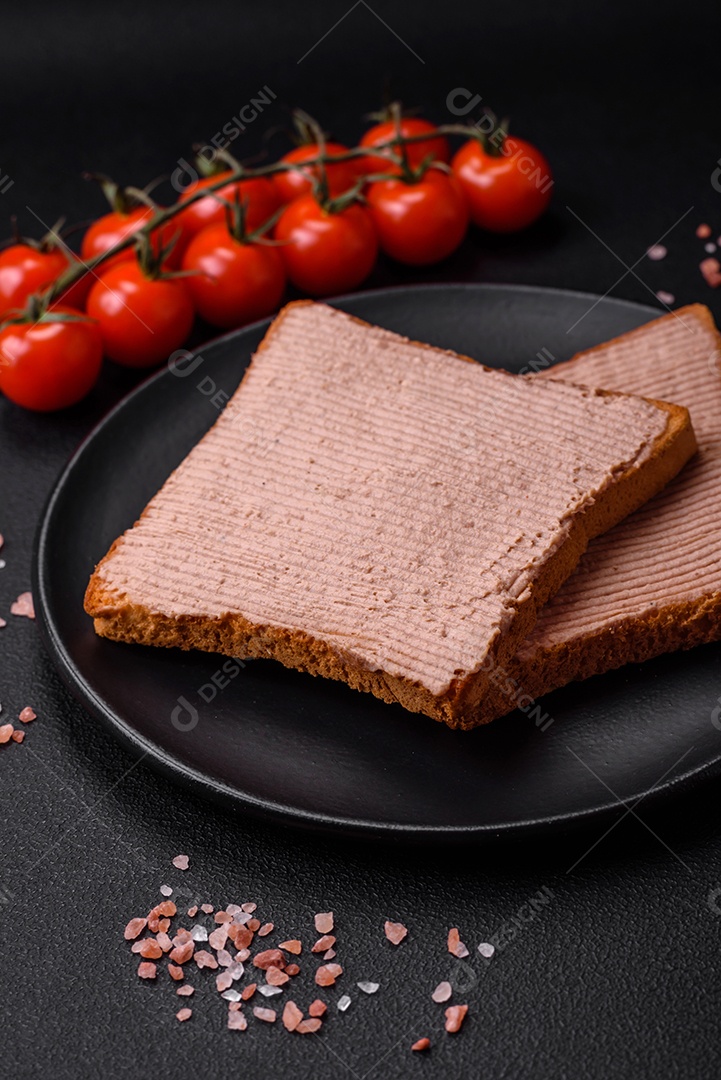 Deliciosa torrada crocante com frango ou patê de ganso com sal e especiarias sobre um fundo escuro de concreto
