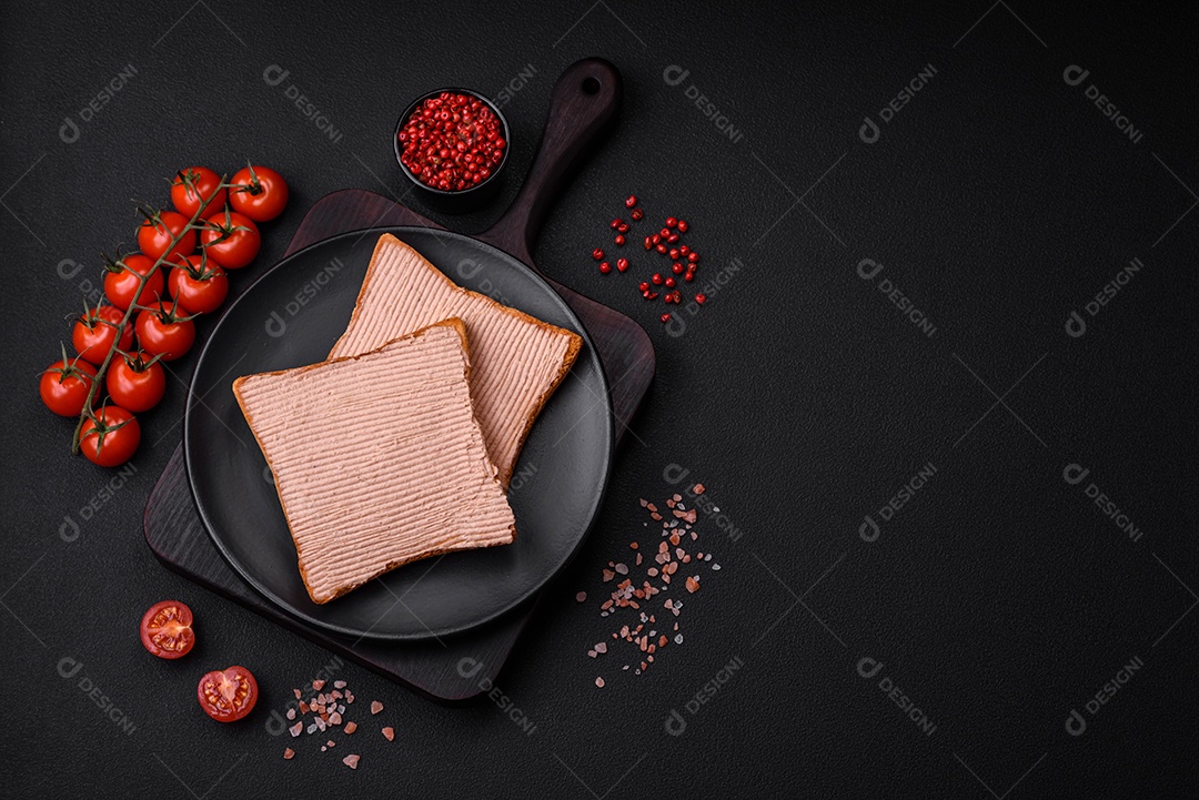 Deliciosa torrada crocante com frango ou patê de ganso com sal e especiarias sobre um fundo escuro de concreto