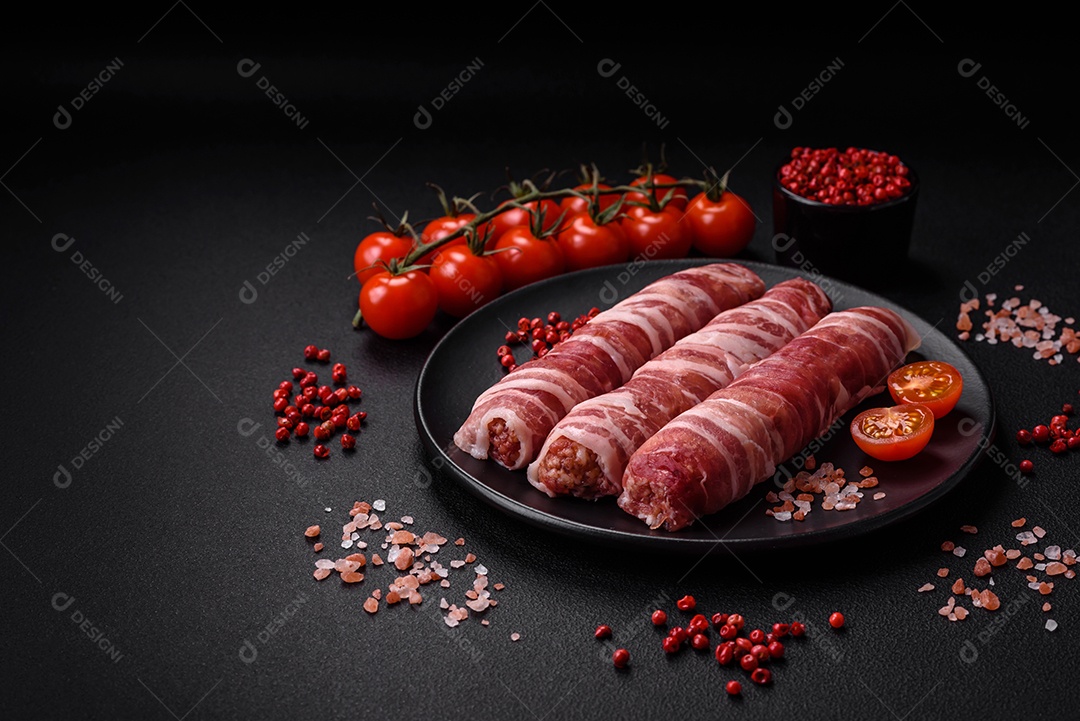 Carne picada crua embrulhada em bacon com sal e especiarias ou cevapcici sobre fundo escuro de concreto