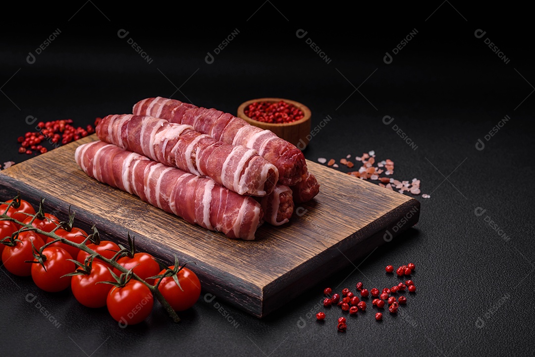 Carne picada crua embrulhada em bacon com sal e especiarias ou cevapcici sobre fundo escuro de concreto