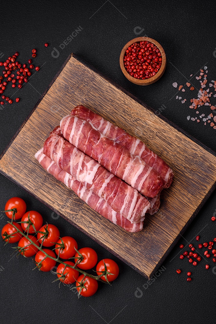 Carne picada crua embrulhada em bacon com sal e especiarias ou cevapcici sobre fundo escuro de concreto