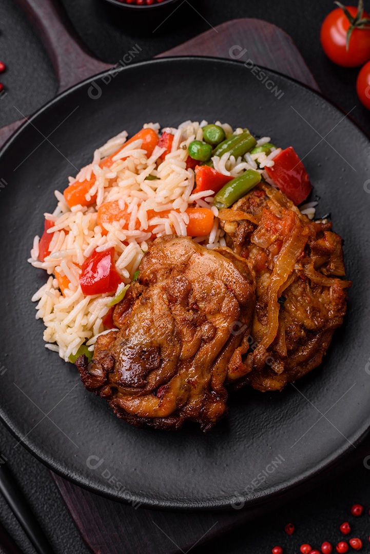 Delicioso arroz cozido com pimentão, ervilha, feijão de espargos e cenoura e frango frito sobre fundo de concreto texturizado