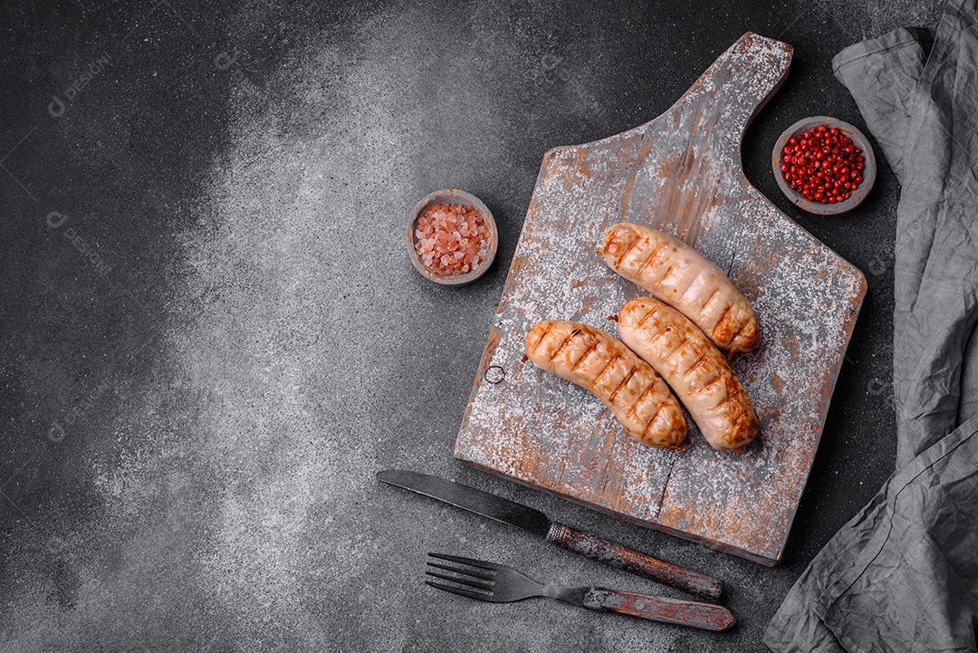 Deliciosas salsichas grelhadas de frango ou carne de porco com sal, especiarias e ervas sobre um fundo de concreto texturizado