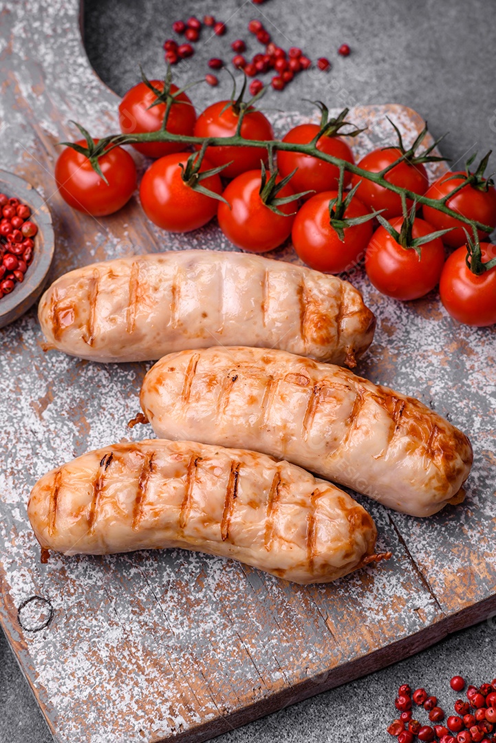 Deliciosas salsichas grelhadas de frango ou carne de porco com sal, especiarias e ervas sobre um fundo de concreto texturizado