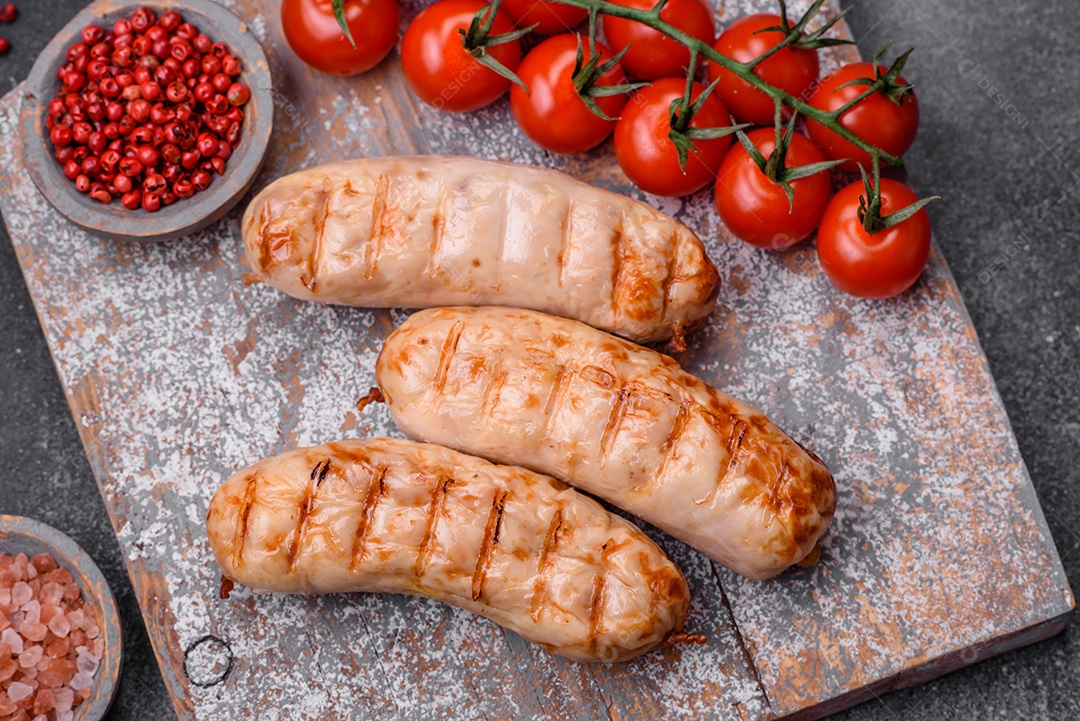 Deliciosas salsichas grelhadas de frango ou carne de porco com sal, especiarias e ervas sobre um fundo de concreto texturizado