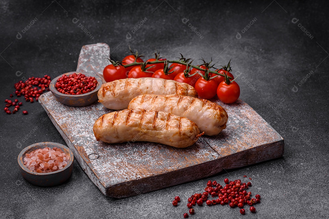 Deliciosas salsichas grelhadas de frango ou carne de porco com sal, especiarias e ervas sobre um fundo de concreto texturizado