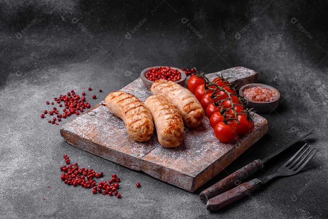 Deliciosas salsichas grelhadas de frango ou carne de porco com sal, especiarias e ervas sobre um fundo de concreto texturizado