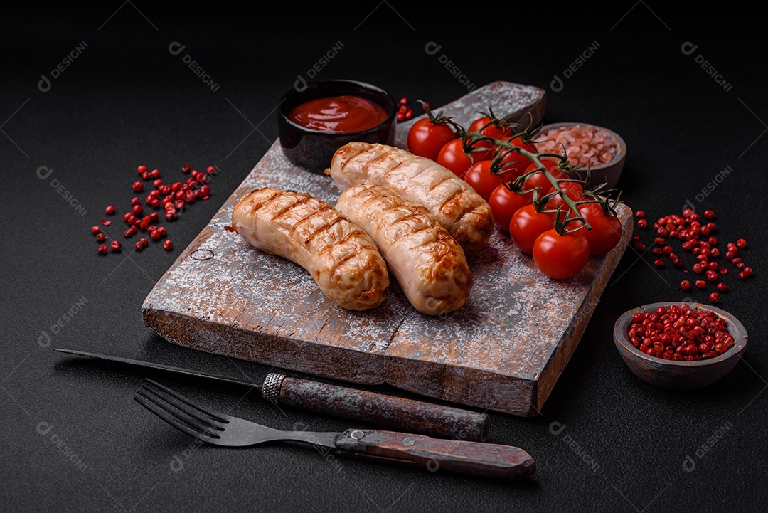 Deliciosas salsichas grelhadas de frango ou carne de porco com sal, especiarias e ervas sobre um fundo de concreto texturizado