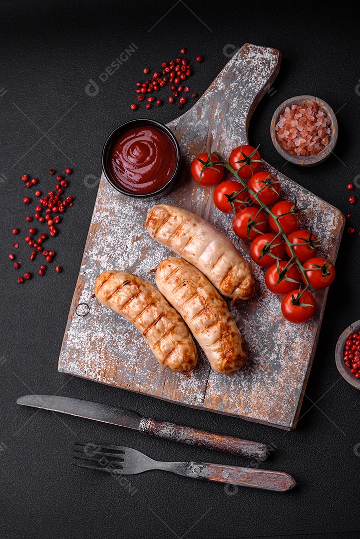 Deliciosas salsichas grelhadas de frango ou carne de porco com sal, especiarias e ervas sobre um fundo de concreto texturizado