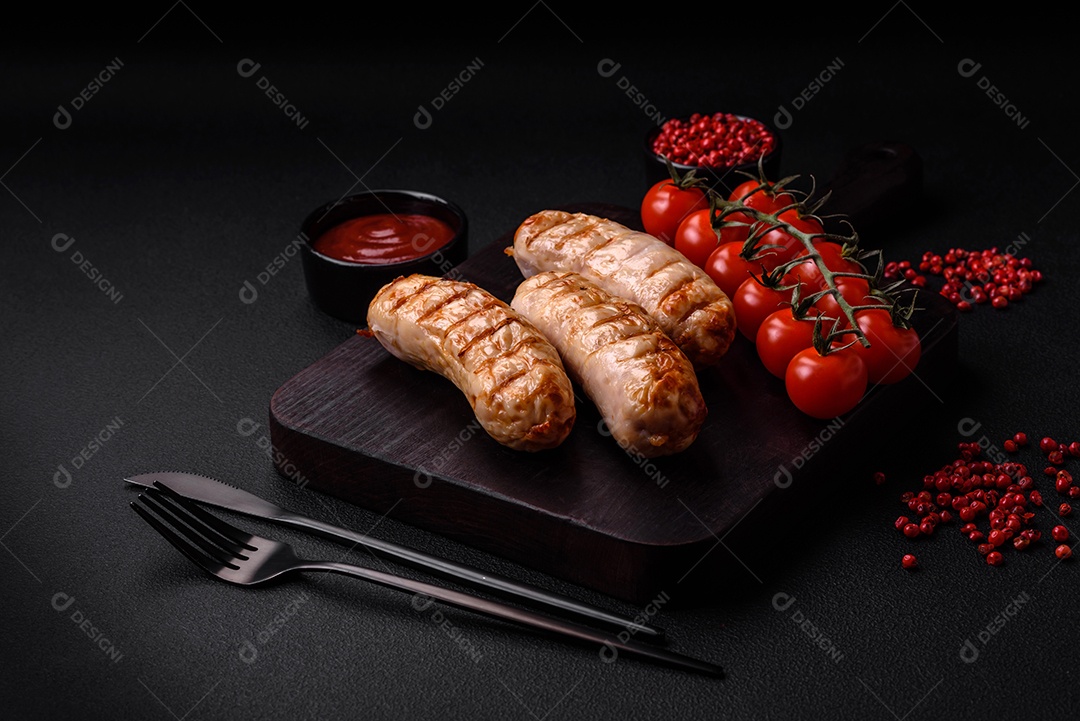 Deliciosas salsichas grelhadas de frango ou carne de porco com sal, especiarias e ervas sobre um fundo de concreto texturizado