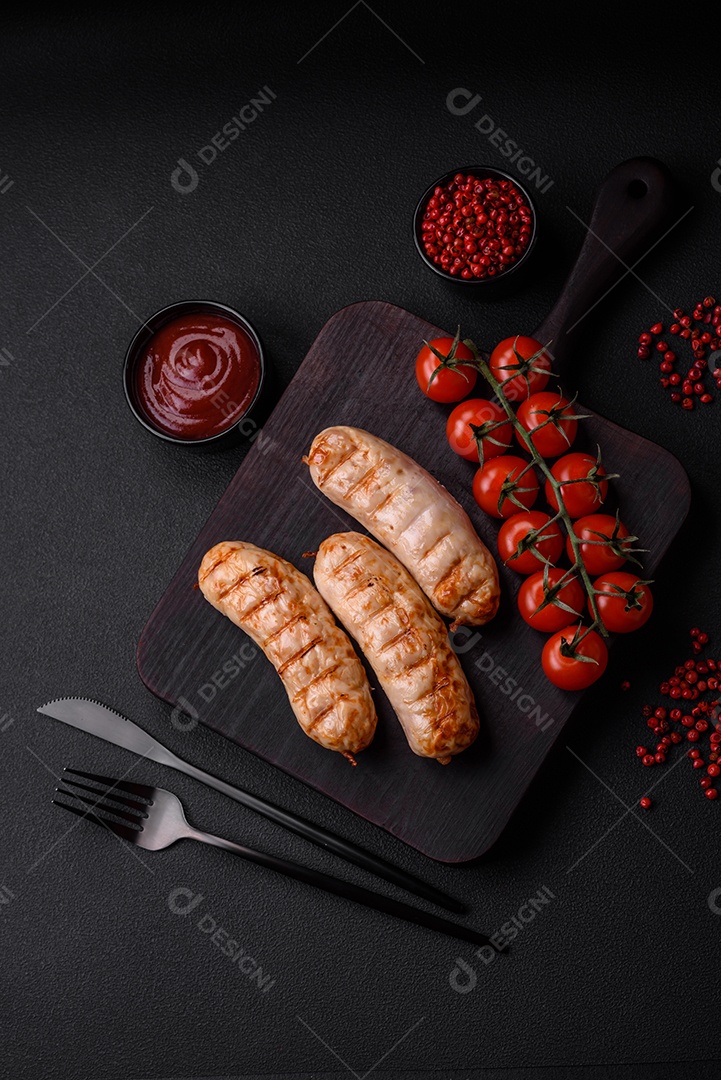 Deliciosas salsichas grelhadas de frango ou carne de porco com sal, especiarias e ervas sobre um fundo de concreto texturizado