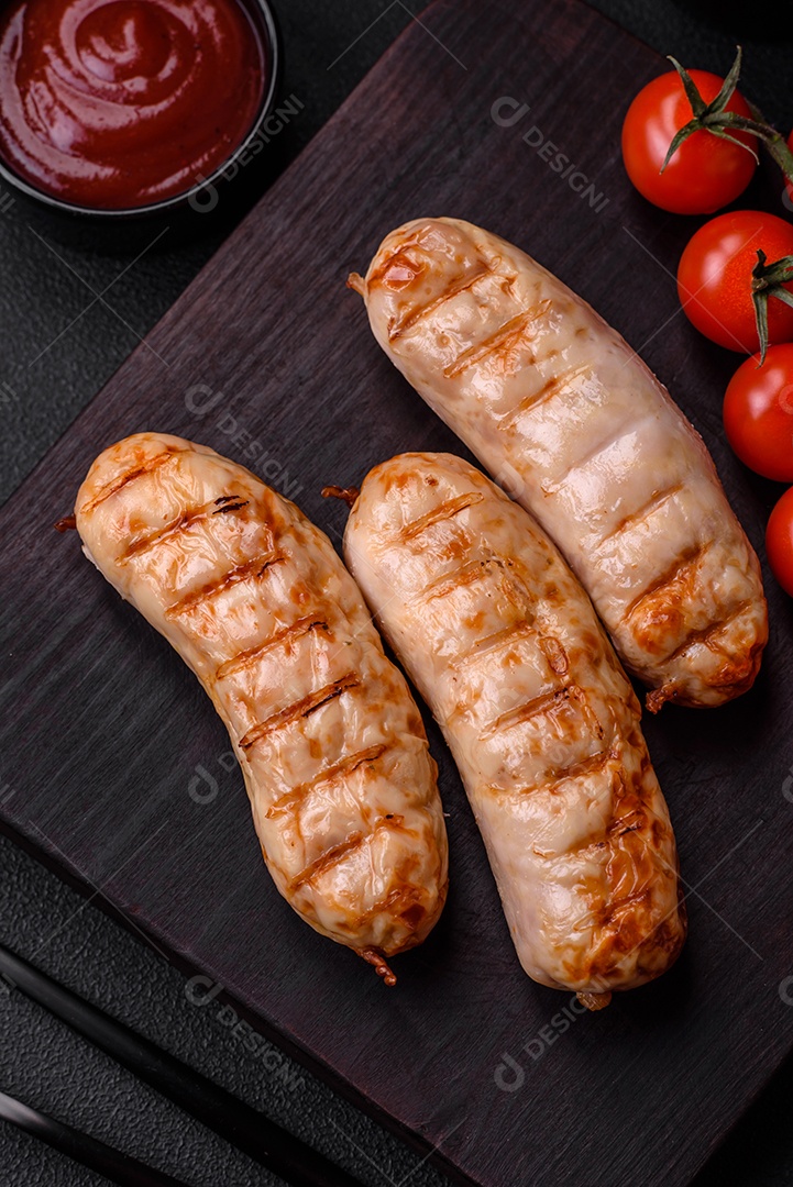Deliciosas salsichas grelhadas de frango ou carne de porco com sal, especiarias e ervas sobre um fundo de concreto texturizado