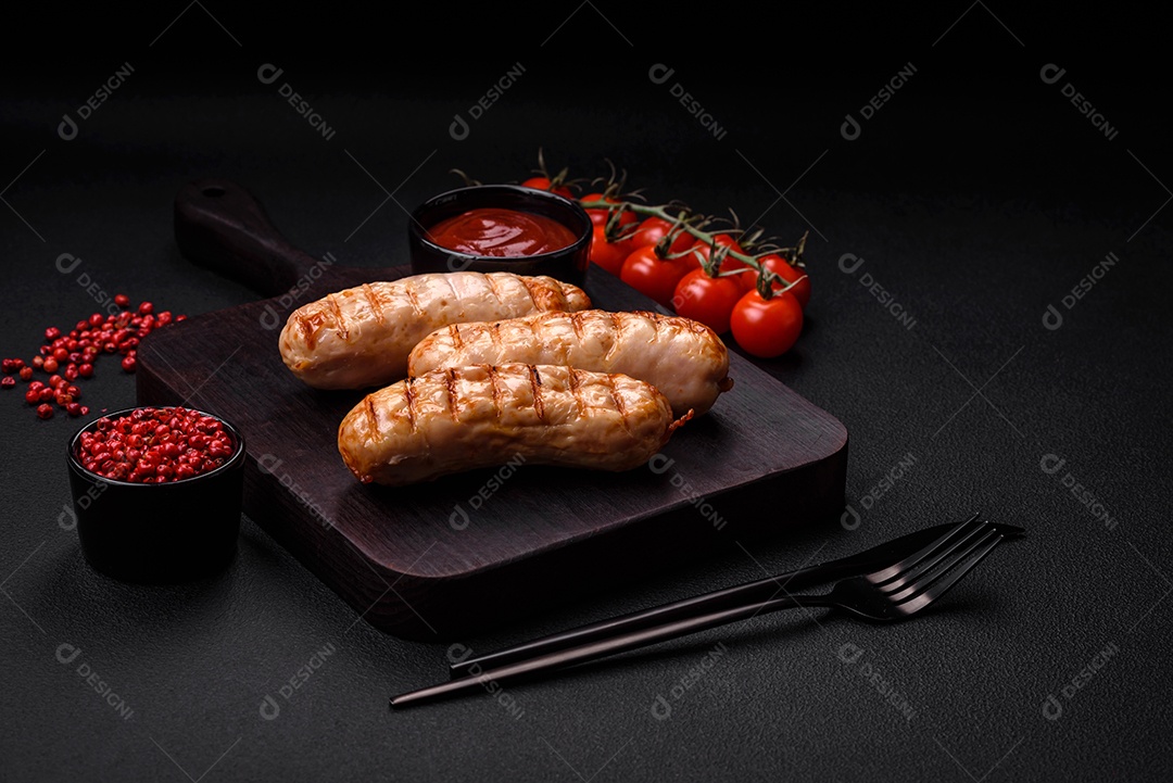 Deliciosas salsichas grelhadas de frango ou carne de porco com sal, especiarias e ervas sobre um fundo de concreto texturizado