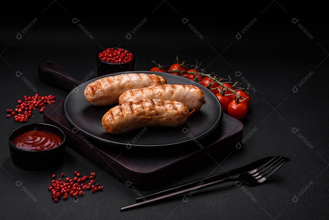 Deliciosas salsichas grelhadas de frango ou carne de porco com sal, especiarias e ervas sobre um fundo de concreto texturizado