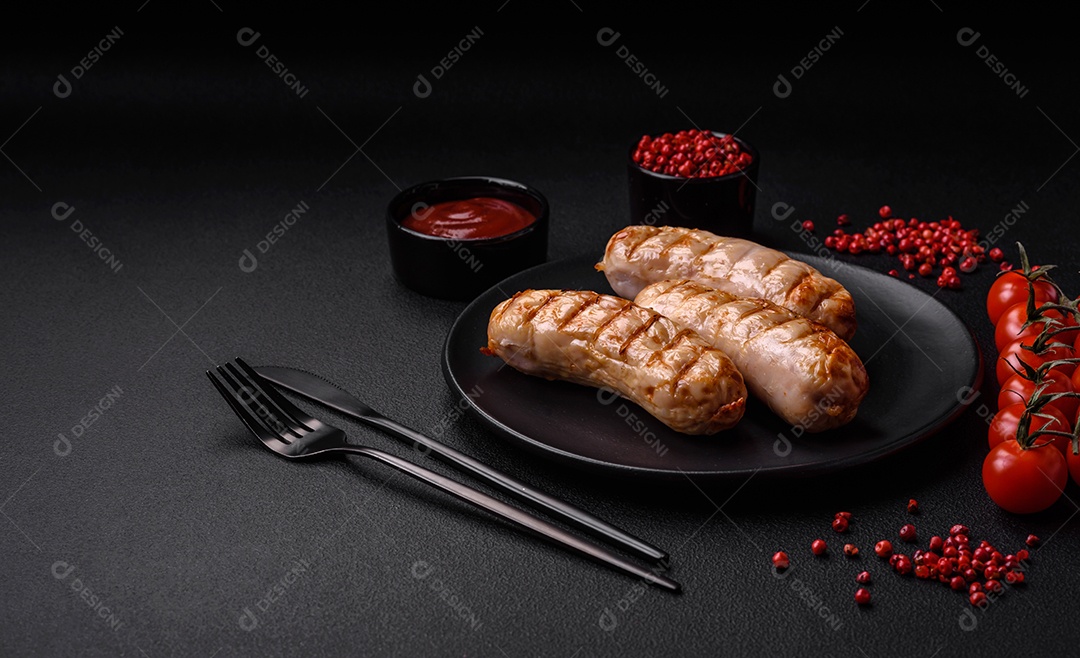 Deliciosas salsichas grelhadas de frango ou carne de porco com sal, especiarias e ervas sobre um fundo de concreto texturizado