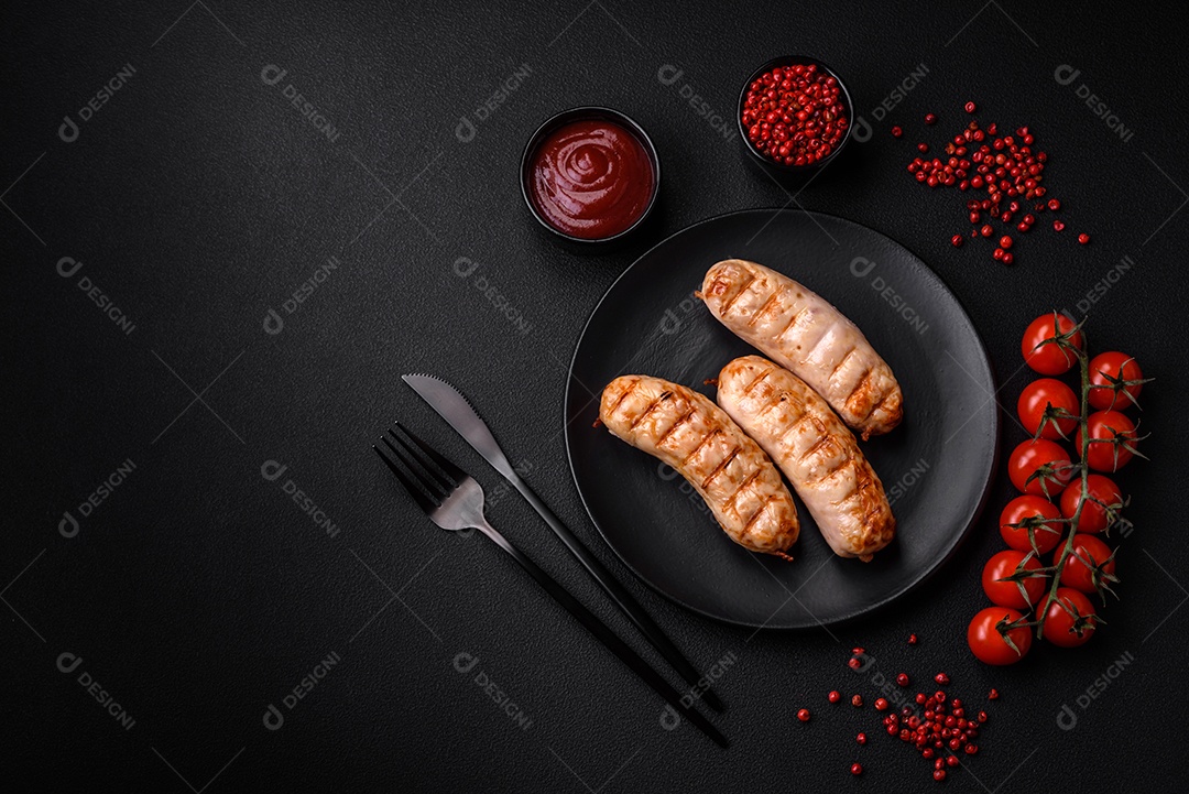 Deliciosas salsichas grelhadas de frango ou carne de porco com sal, especiarias e ervas sobre um fundo de concreto texturizado