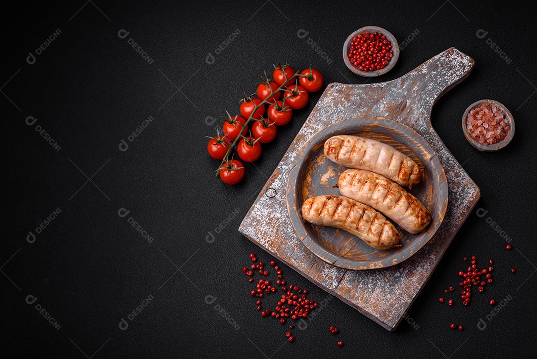 Deliciosas salsichas grelhadas de frango ou carne de porco com sal, especiarias e ervas sobre um fundo de concreto texturizado