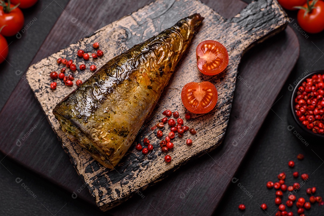 Deliciosa cavala grelhada com sal, especiarias e ervas sobre um fundo de concreto texturizado