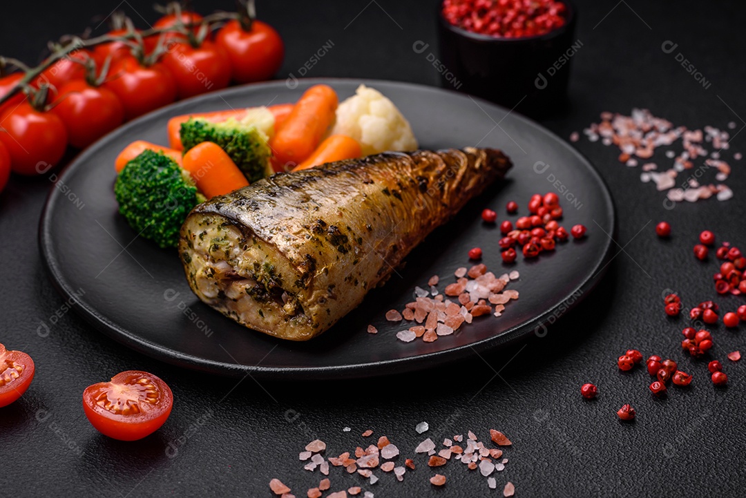 Deliciosa cavala grelhada com sal, especiarias e ervas sobre um fundo de concreto texturizado