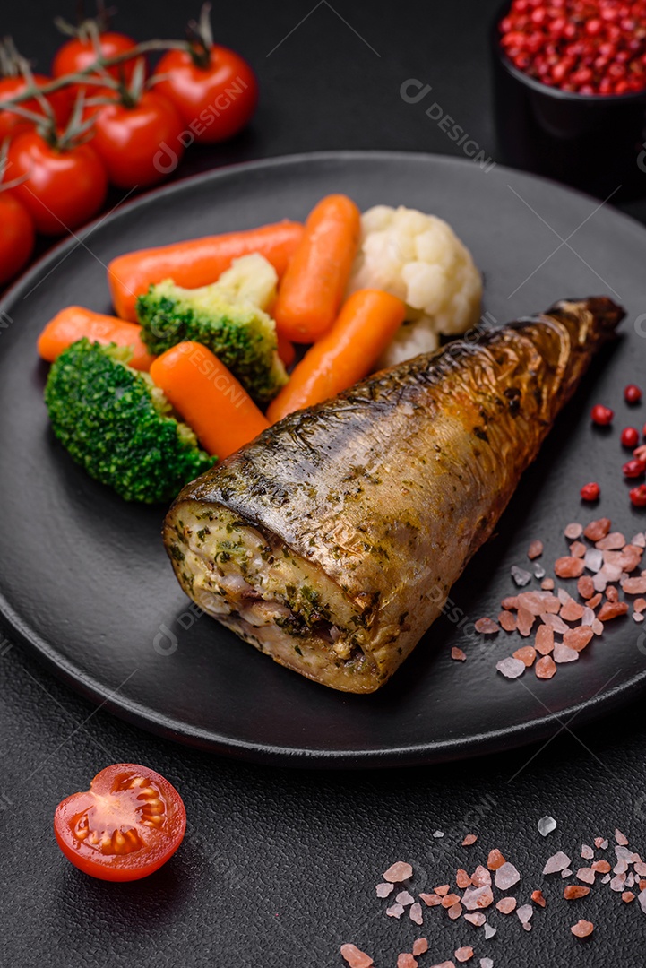 Deliciosa cavala grelhada com sal, especiarias e ervas sobre um fundo de concreto texturizado