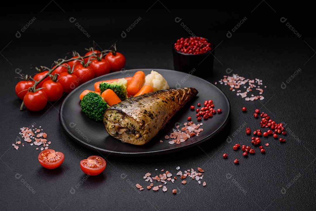 Deliciosa cavala grelhada com sal, especiarias e ervas sobre um fundo de concreto texturizado